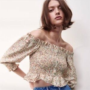 Zara Cream Floral Off-Shoulder Smocked Crop Top